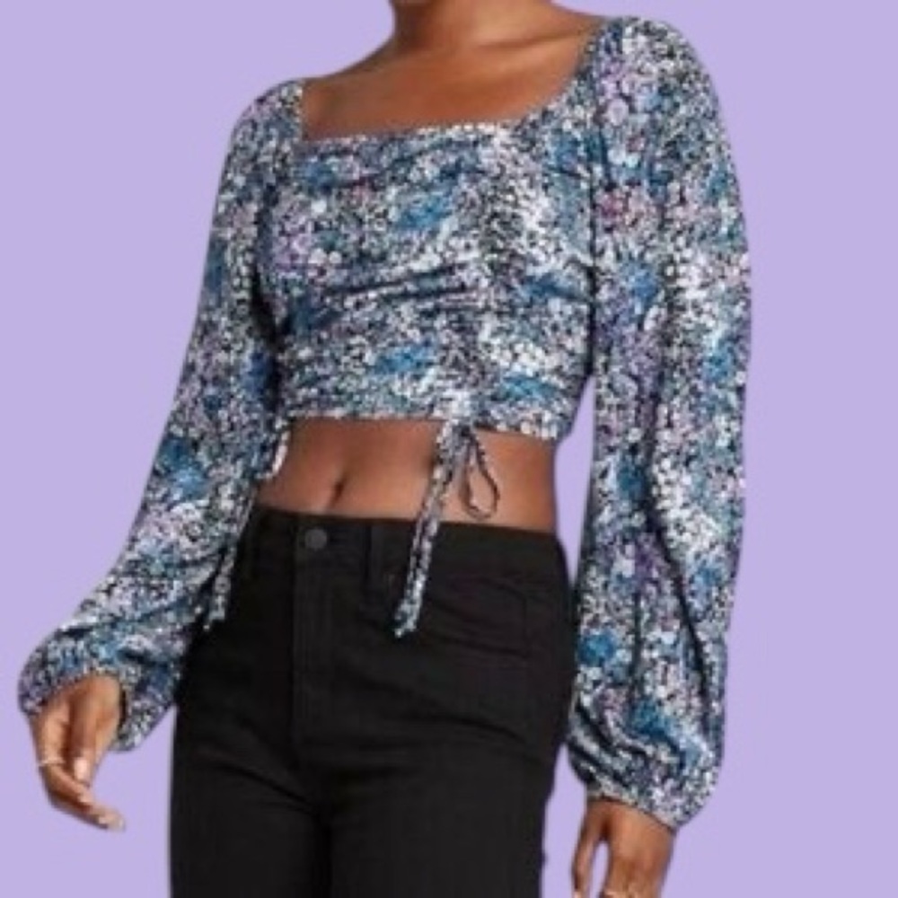 Wild Fable Floral Long Sleeve Peasant Crop Top small